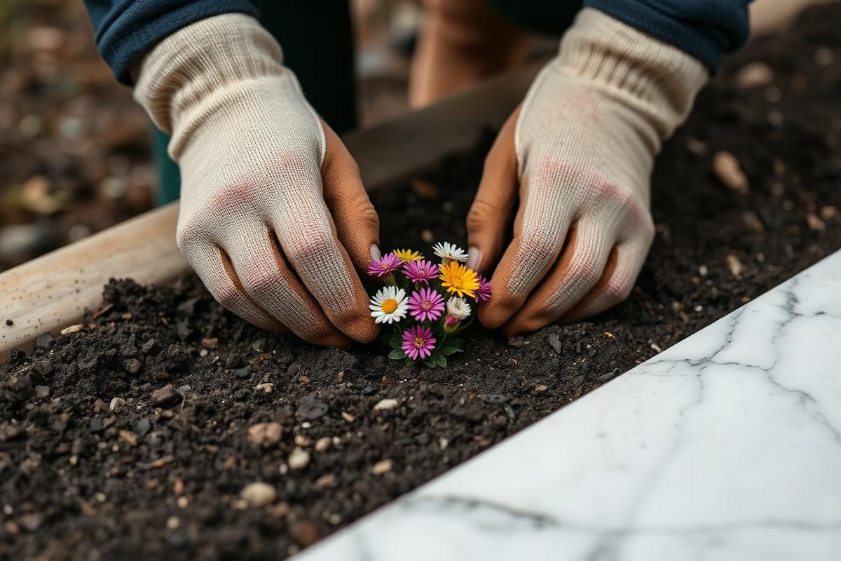 Mezar kenarında toprağa mevsimlik çiçek diken eller